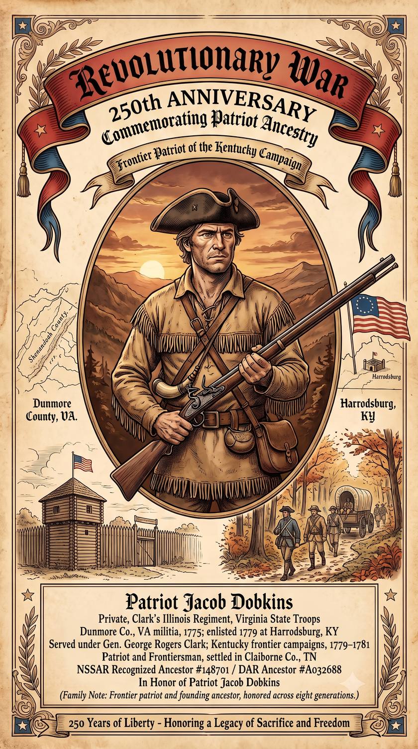 Commemorative poster: Patriot Jacob Dobkins, a frontier rifleman in a fringed hunting shirt, with the fort at Harrodsburg, a trail through autumn woods, and the 250th anniversary of the Revolutionary War